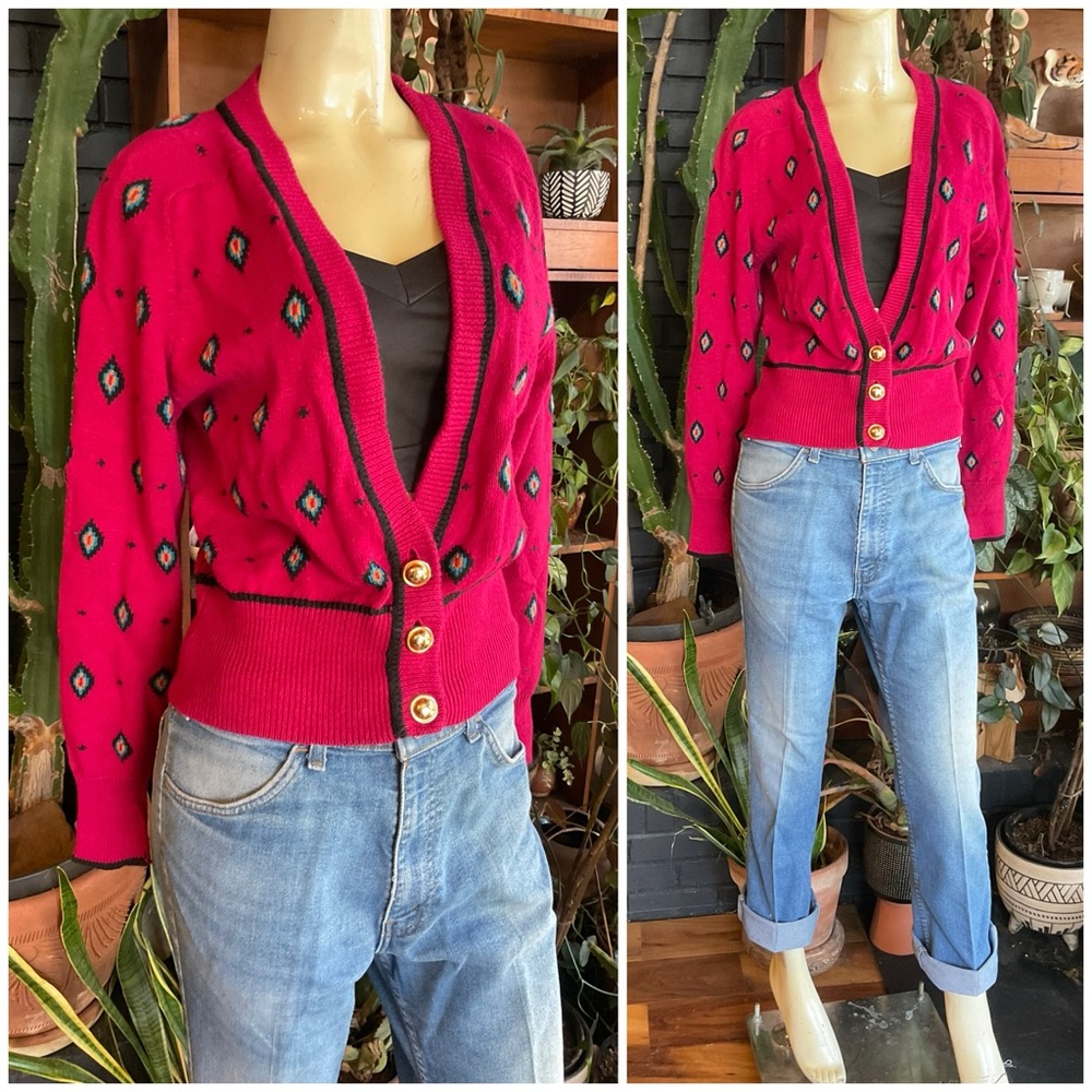 Vintage Preppy 80s Diamond Knit Cardian Sweater S/M